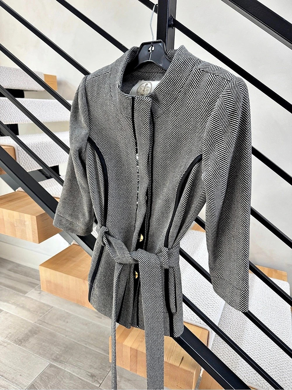 Rachel Roy Collection Wool Herringbone Belted Coat in Black & White Size 6